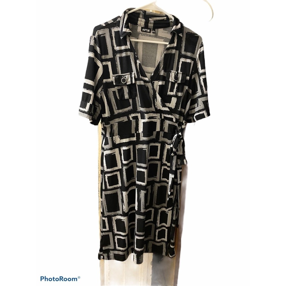 Apt 9 Womens L Black White Geometric Square Print Faux Wrap Dress Short Sleeve